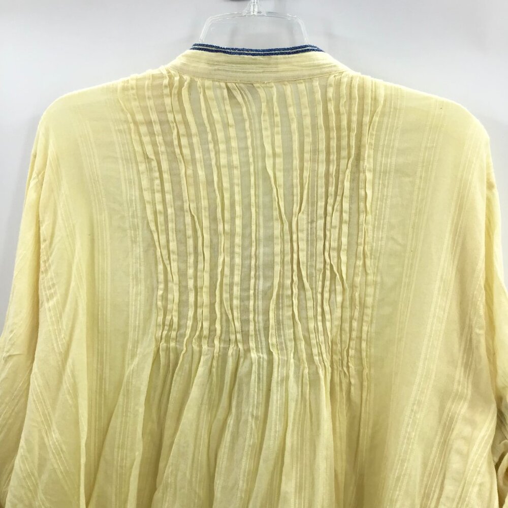 Gauzy Lemon Yellow Boho Top 32W Cotton Jacquard Embroidered Roll Tab Semi-Sheer - Picture 9 of 15